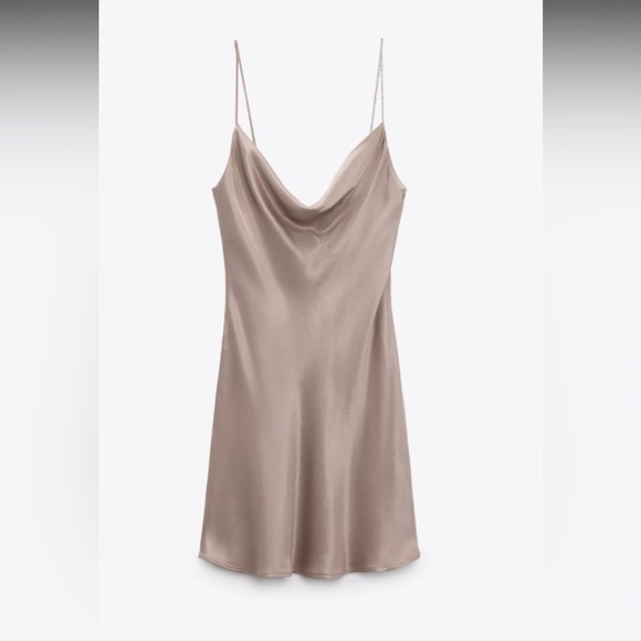 NEW ZARA Silky Satin Taupe Cowl Neck Mini Slip Dress Rhinestone Strap Fit&Flare - Picture 11 of 11